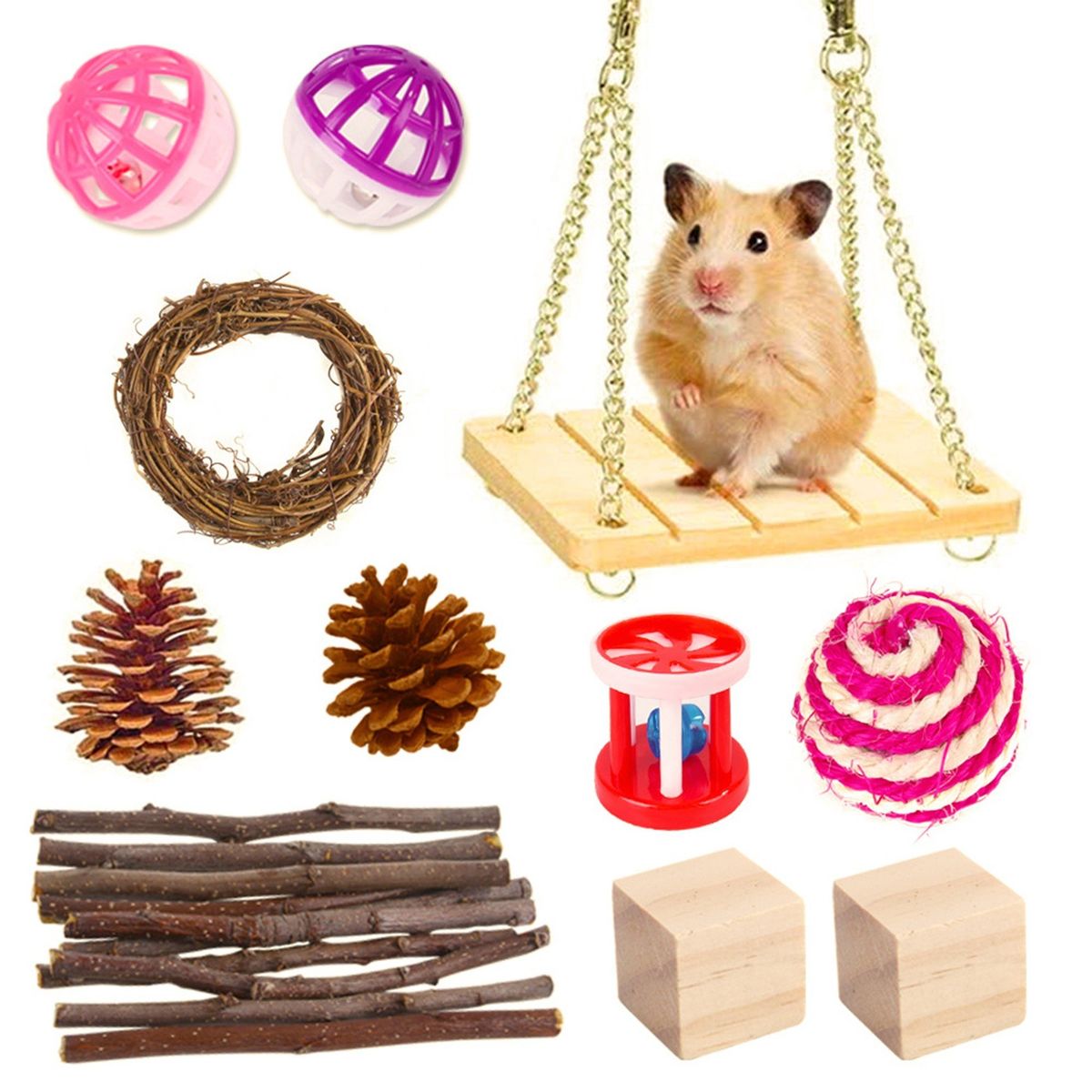 11PCs Hamster Chew Toys Set Natural Wooden Molar Toys Blocks