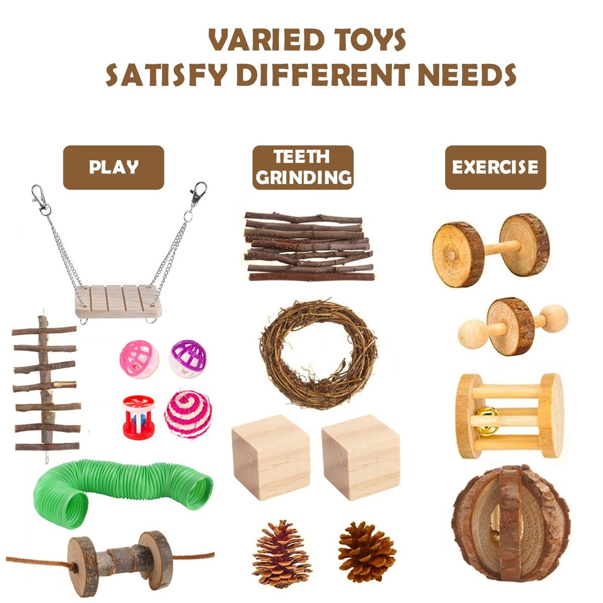 11PCs Hamster Chew Toys Set Natural Wooden Molar Toys Blocks
