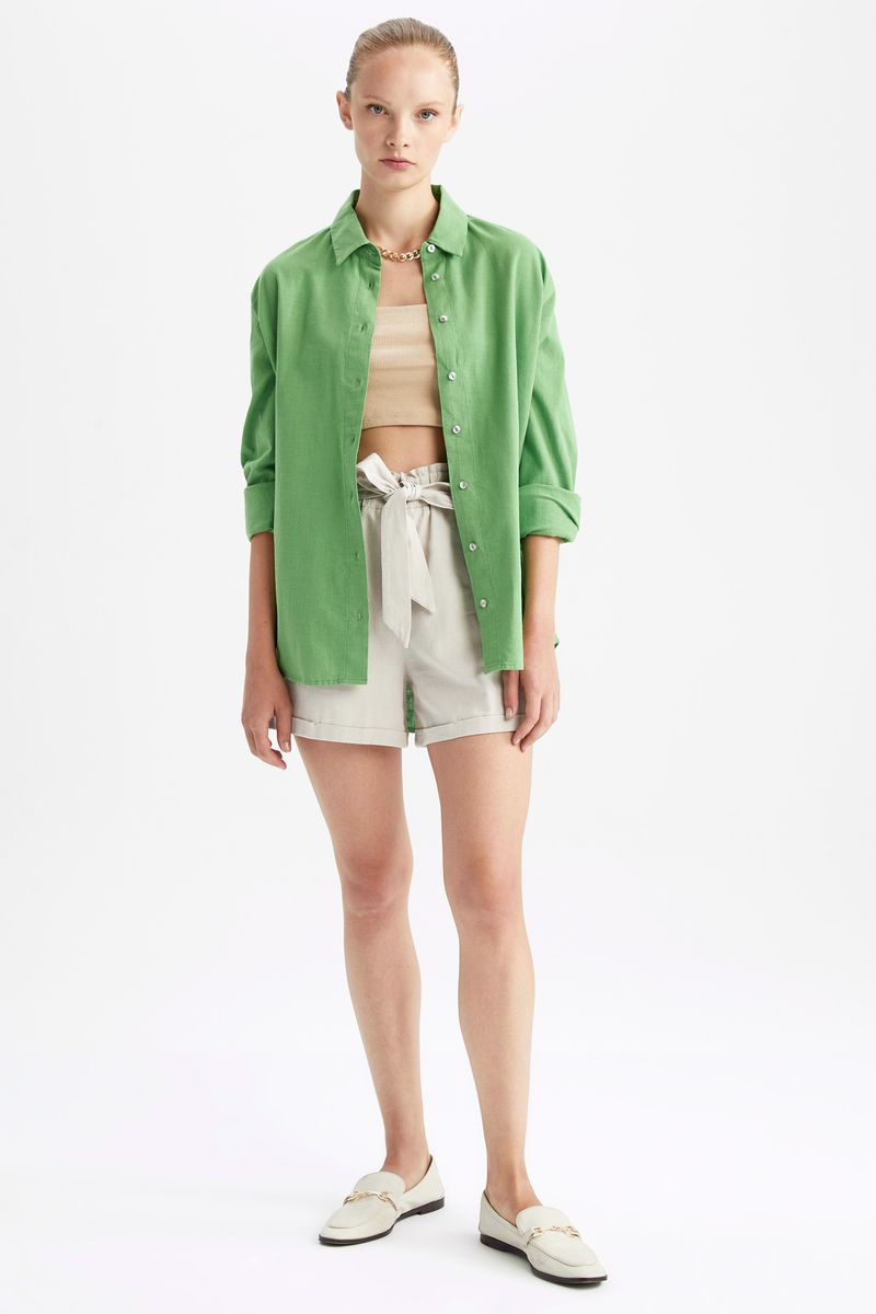 Woman Oversize Fit Shirt Neck Long Sleeve Woven Tunic-Green