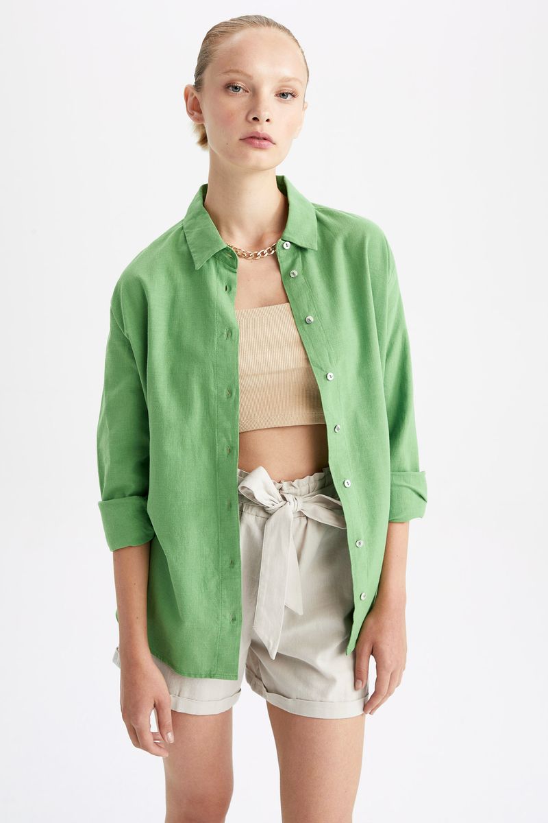 Woman Oversize Fit Shirt Neck Long Sleeve Woven Tunic-Green