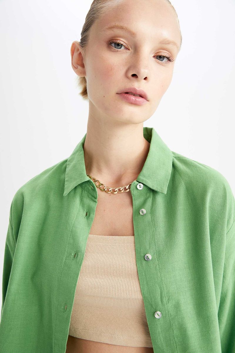 Woman Oversize Fit Shirt Neck Long Sleeve Woven Tunic-Green