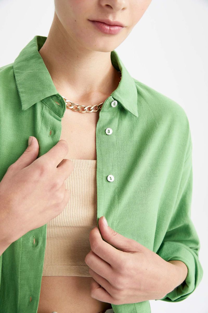 Woman Oversize Fit Shirt Neck Long Sleeve Woven Tunic-Green
