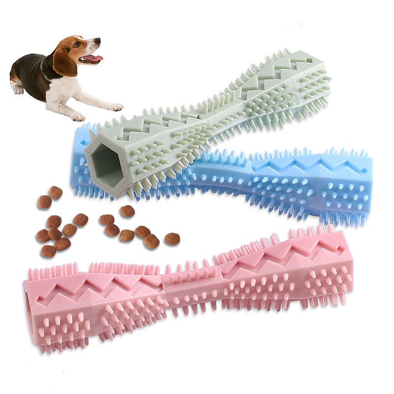 Dog Toothbrush Durable Dog Chew Toy Stick Soft Rubber Tooth Cleaning Point Massage Toothpaste Pet Toothbrush Molar Pet Supplies-Pink