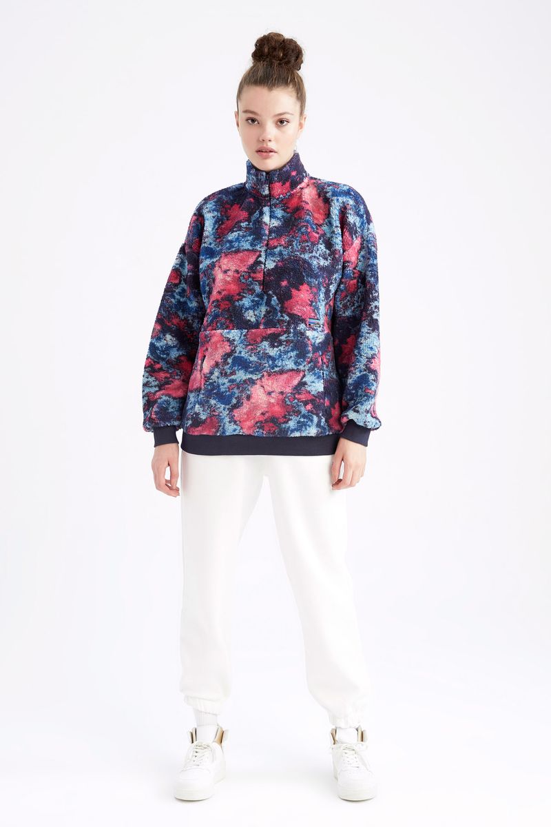 Woman Sweatshirt Mock Neck Knitted Sweat Shirt-Blue