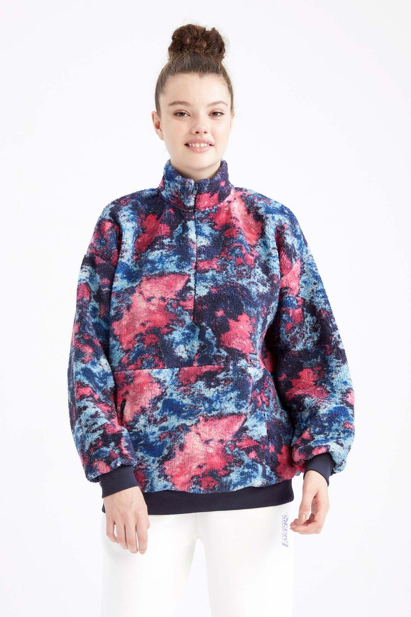 Woman Sweatshirt Mock Neck Knitted Sweat Shirt-Blue
