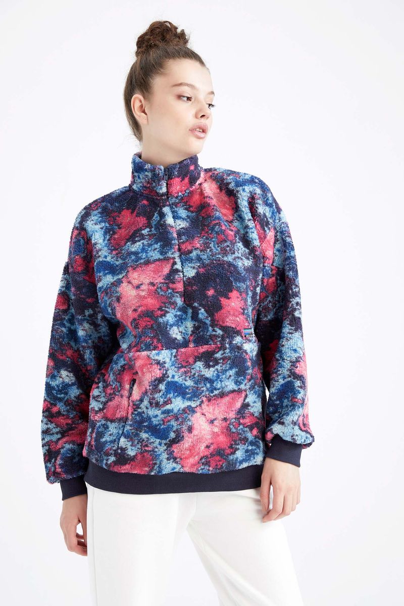 Woman Sweatshirt Mock Neck Knitted Sweat Shirt-Blue