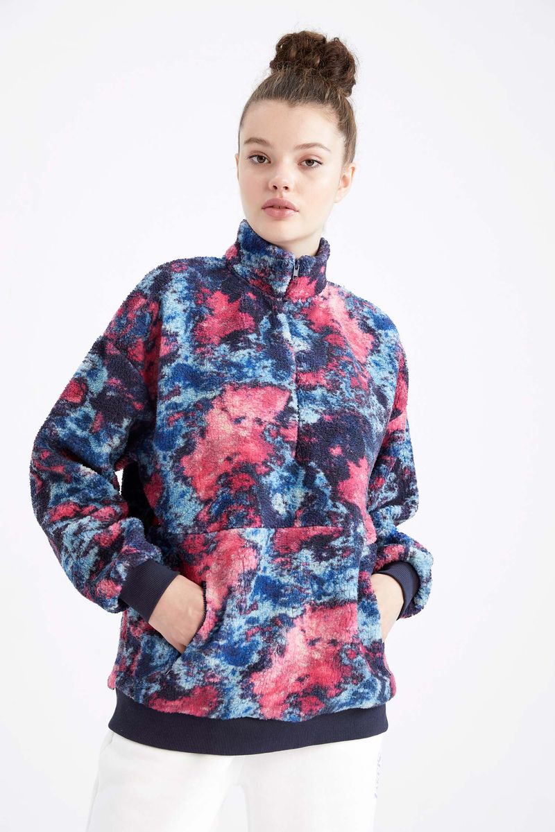 Woman Sweatshirt Mock Neck Knitted Sweat Shirt-Blue