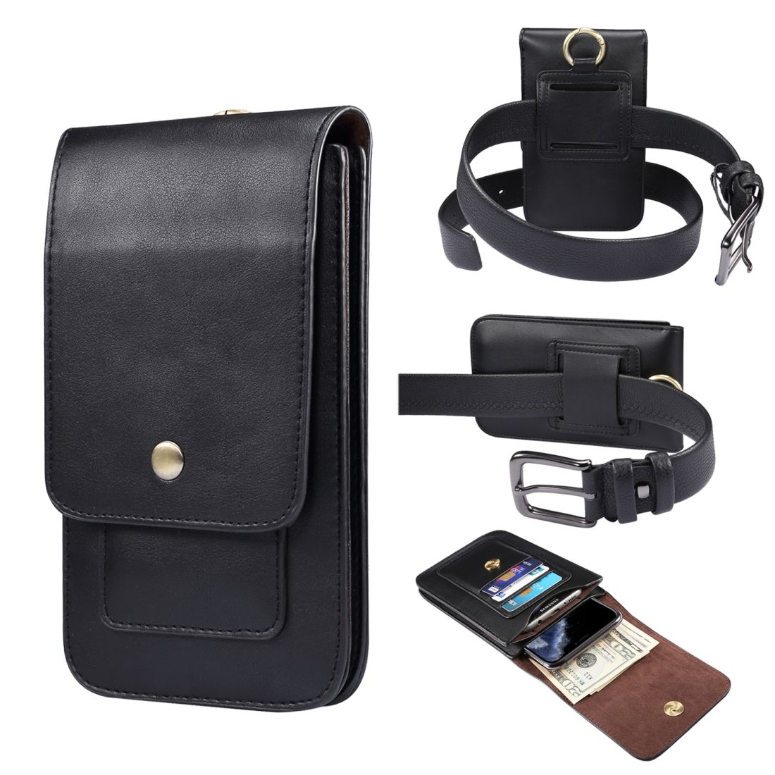 Men Phone Universal Double Lattice Waist Bag Leather, Size:S