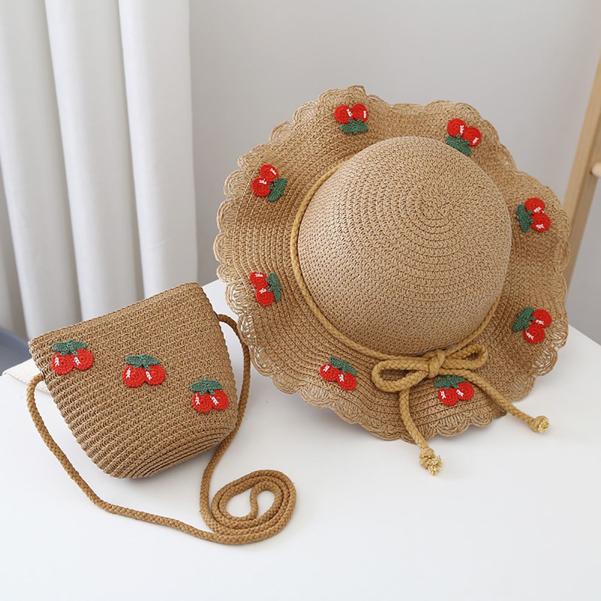 Hat Bag Set Baby Girls Breathable Straw Hat Handbag Khaki