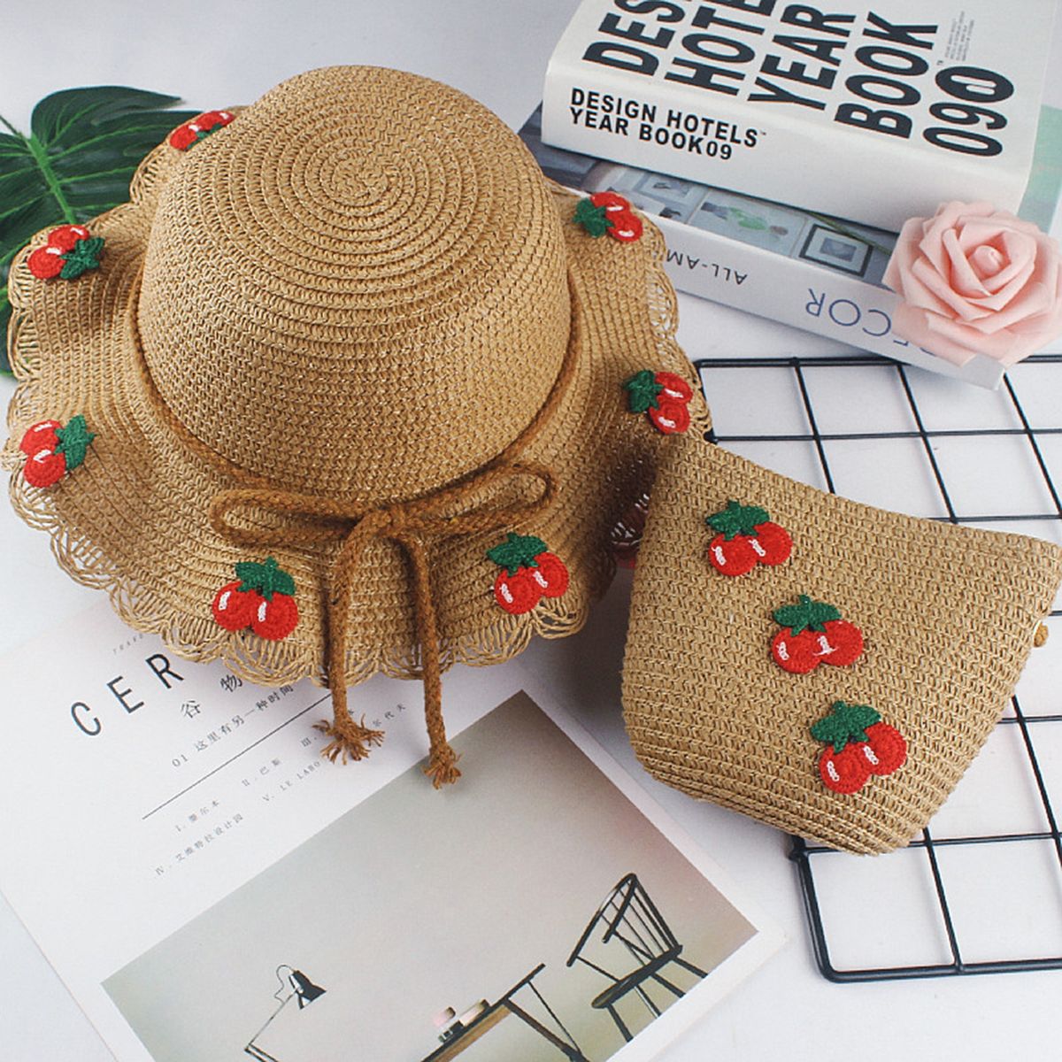 Hat Bag Set Baby Girls Breathable Straw Hat Handbag Khaki