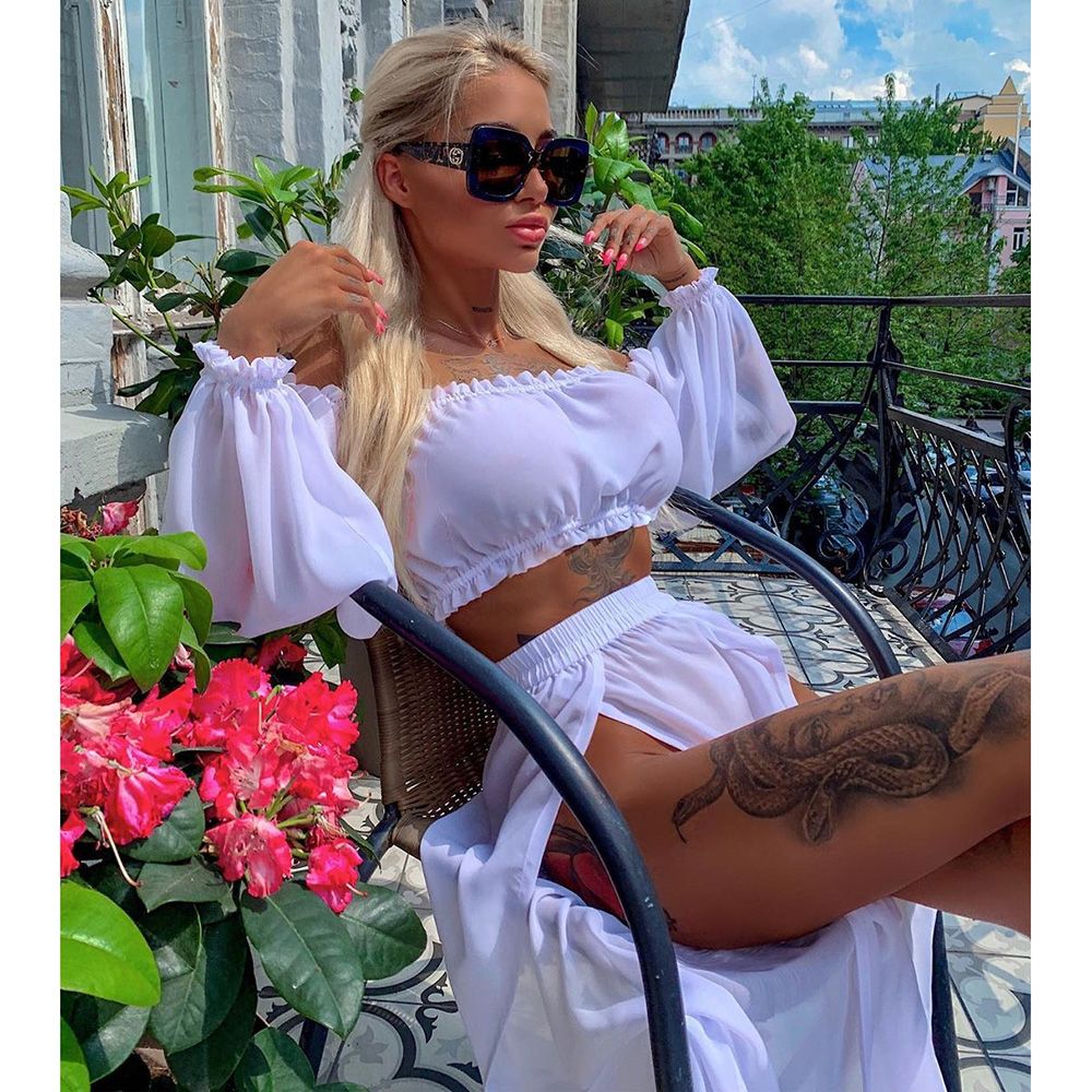 (White)2023 Bikini Beach Cover Up Two Piece Dress Swimwear Swimsuit Women Summer Ladies Bathing Suit Solid Beach Wear Hot Sale SMA