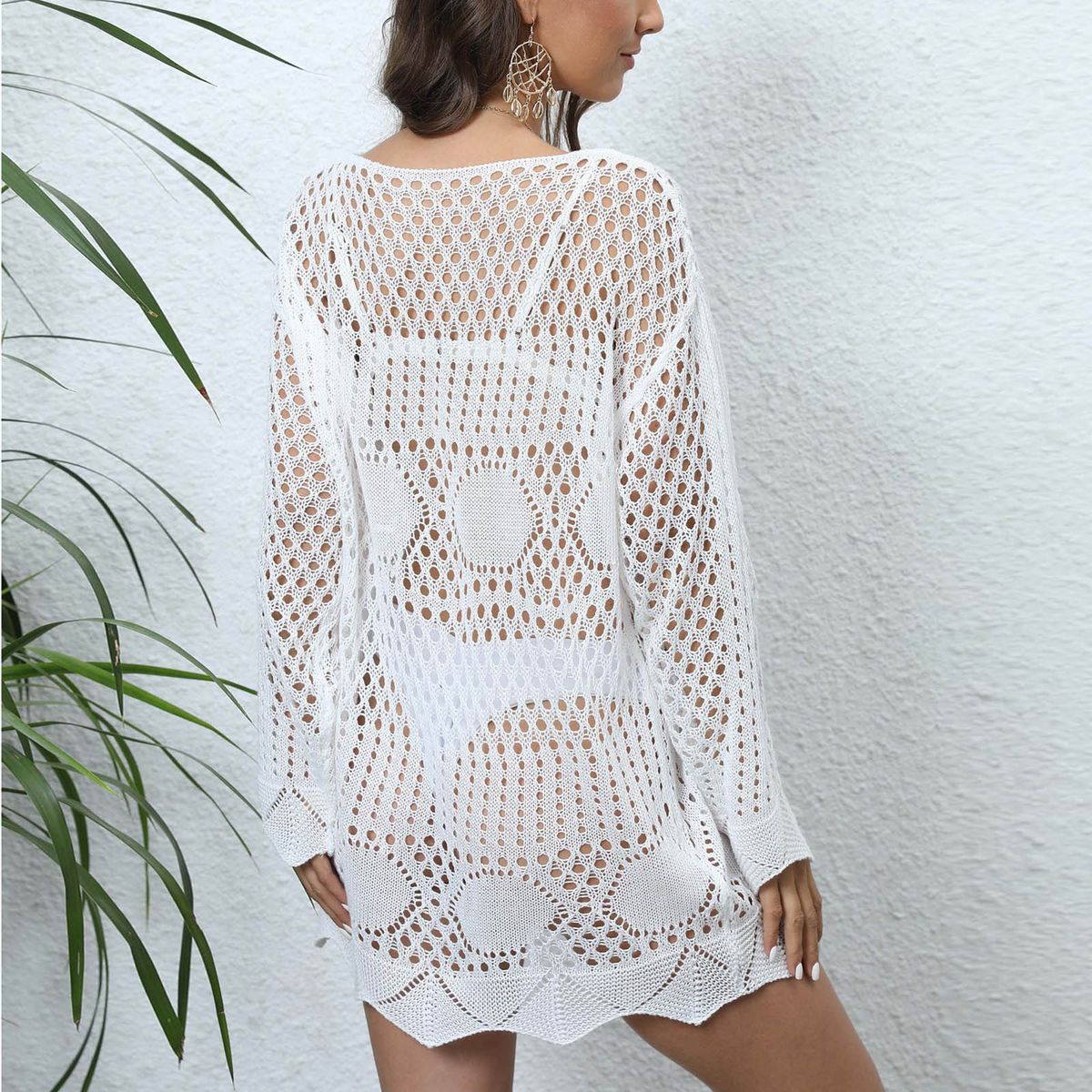 (White)Sexy Women's Bathing Suit Cover Up Crochet Lace Bikini Bathing Suit Swimsuit Smock Knitting Swimwear Mesh Beach Dress Tunic Robe SMA