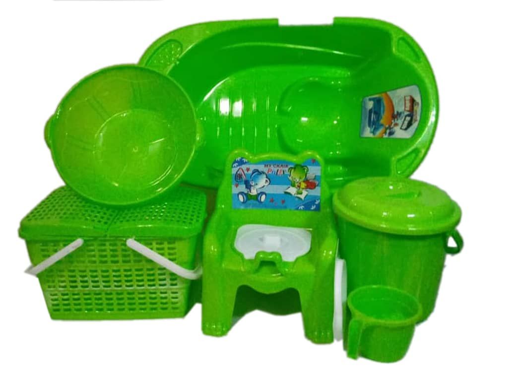 Baby Bath Set - 7pcs + 3 Tiers Plastic Trolley -Lemon Green