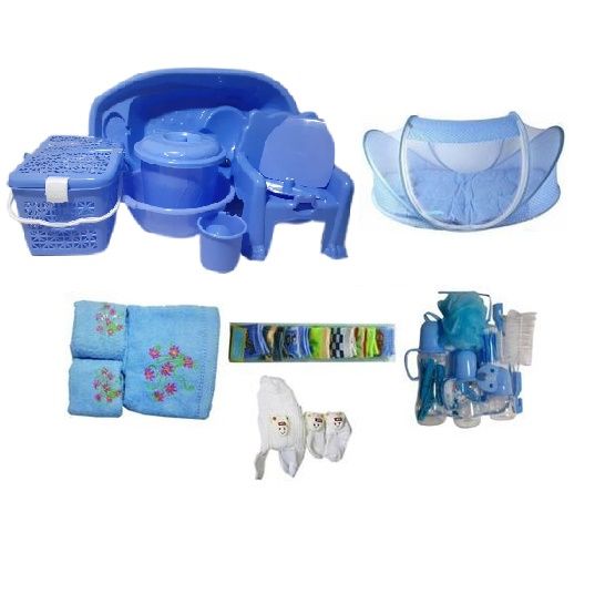 Baby Bath Set Bed Net BathTowel Socks Bottle And Cap-Blue