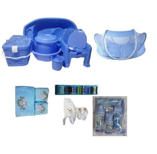 Baby Bath Set Bed Net BathTowel Socks Bottle And Cap-Blue