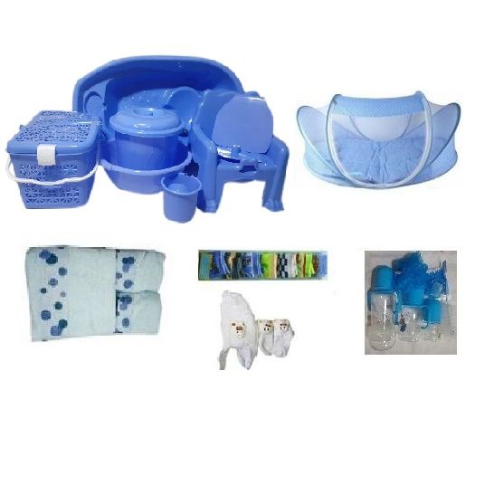 Baby Bath Set Bed Net BathTowel Socks Bottle And Cap-Blue