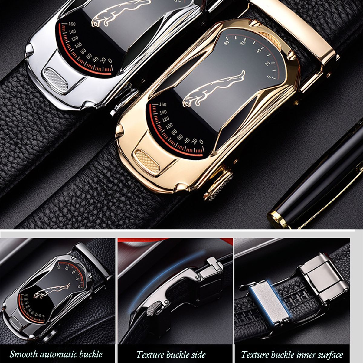 2 Pieces  Leather Automatic Buckle Belt - Black And Golden