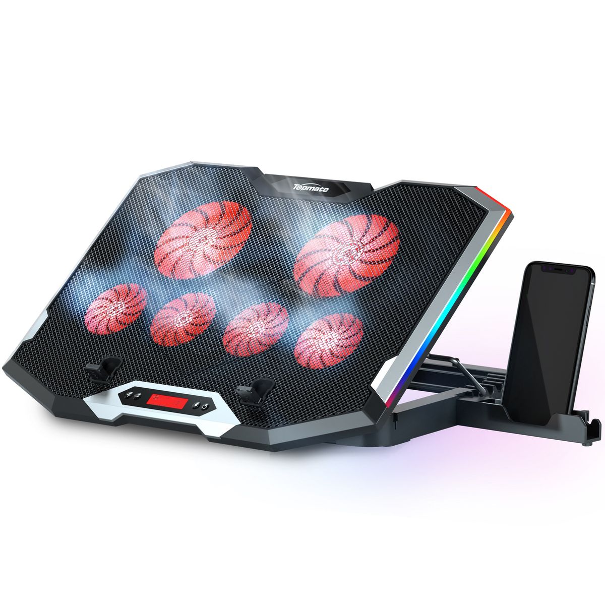 C11 Laptop Cooling Pad RGB Gaming Notebook Cooler, Laptop Fan Stand Adjustable Height With 6 Quiet Fans And Phone Holder, Computer Chill Mat, For 15.6-17.3 Inch Laptops - Red LED Light