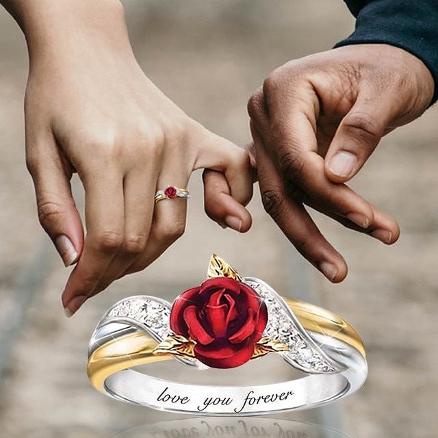 Red Rose Garden Flower Leaves Resizable Gold Finger Rings V