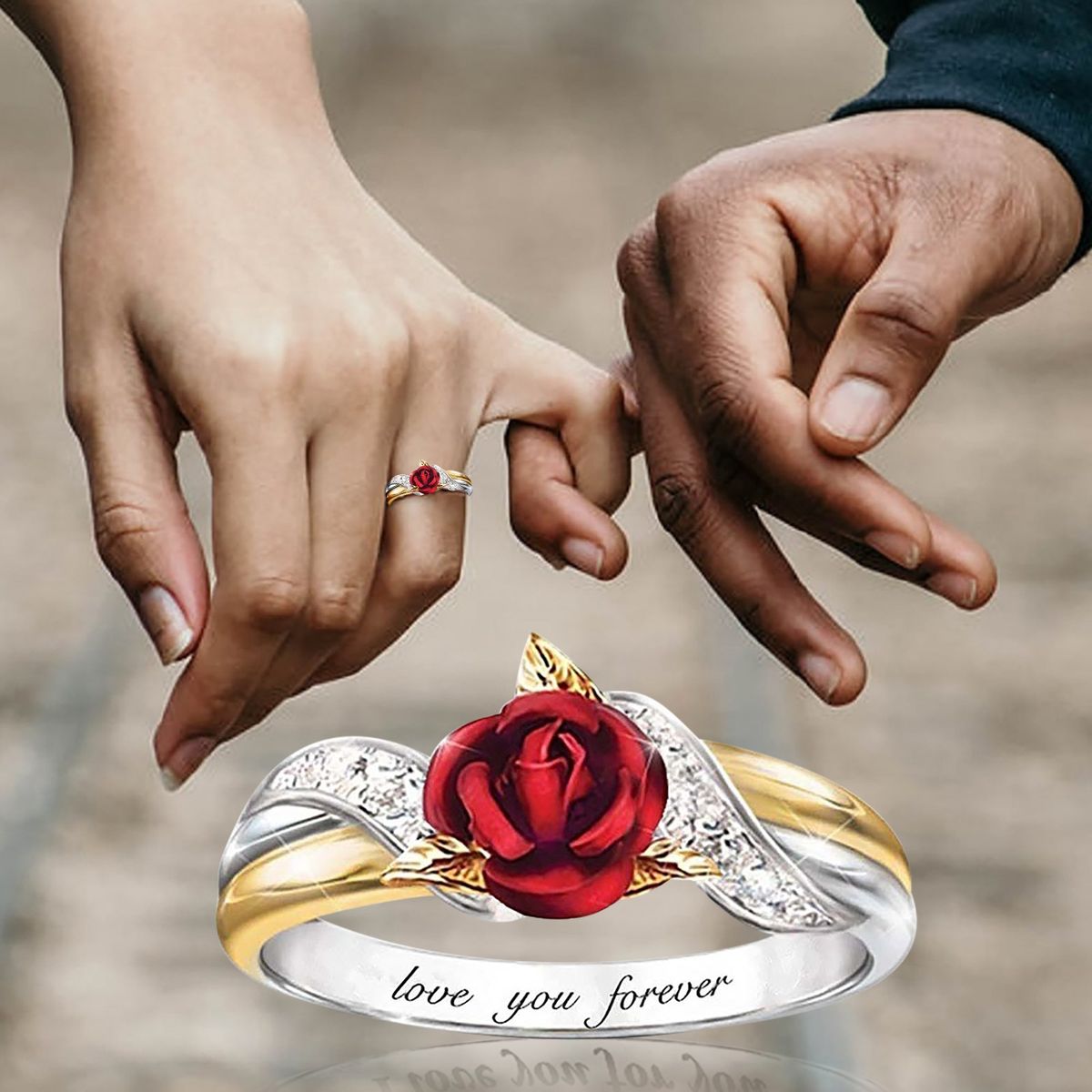 Red Rose Garden Flower Leaves Resizable Gold Finger Rings V