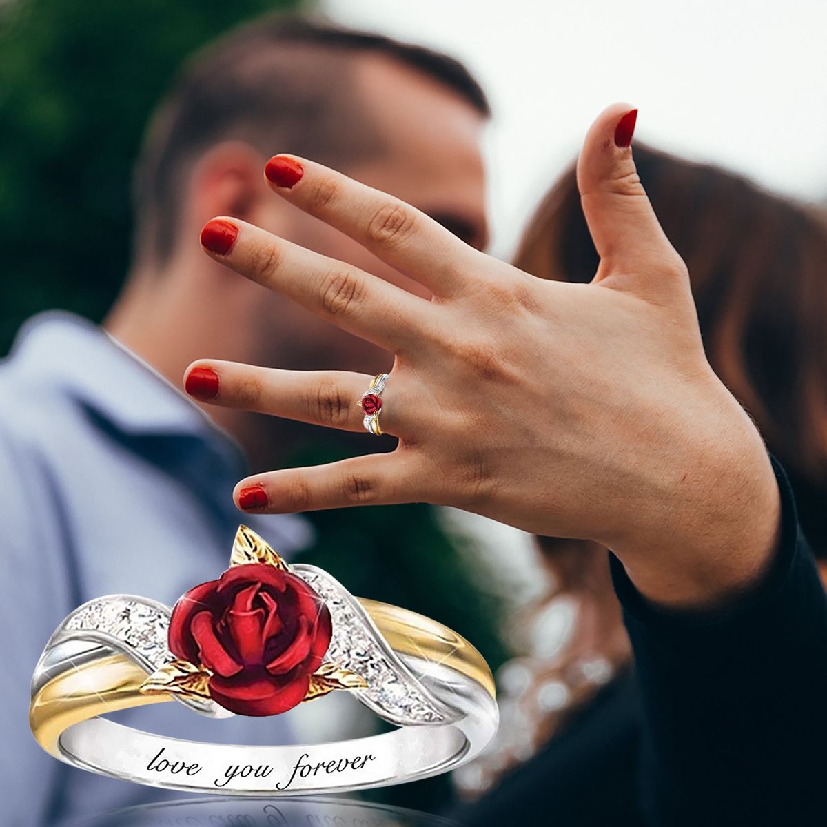 Red Rose Garden Flower Leaves Resizable Gold Finger Rings V
