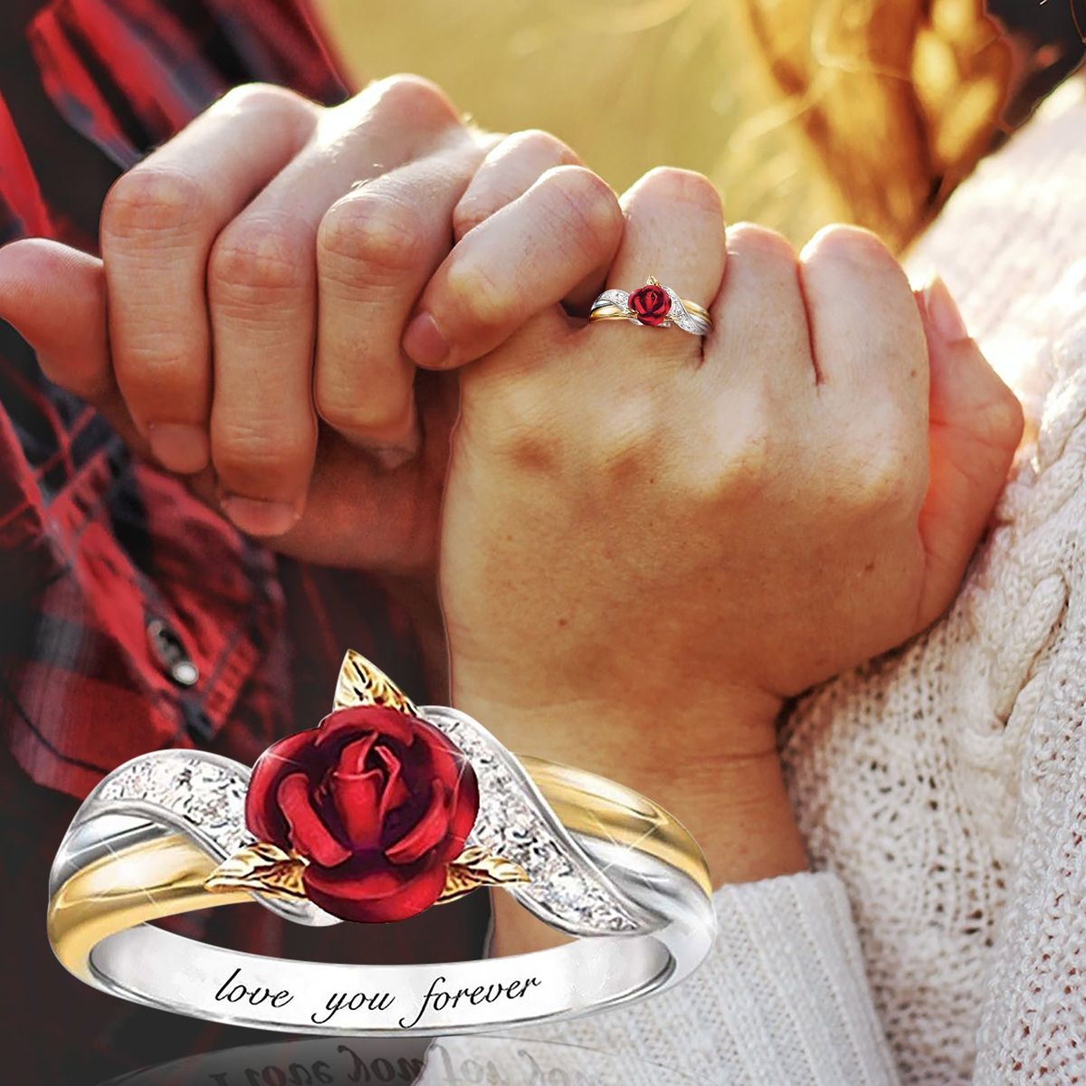 Red Rose Garden Flower Leaves Resizable Gold Finger Rings V