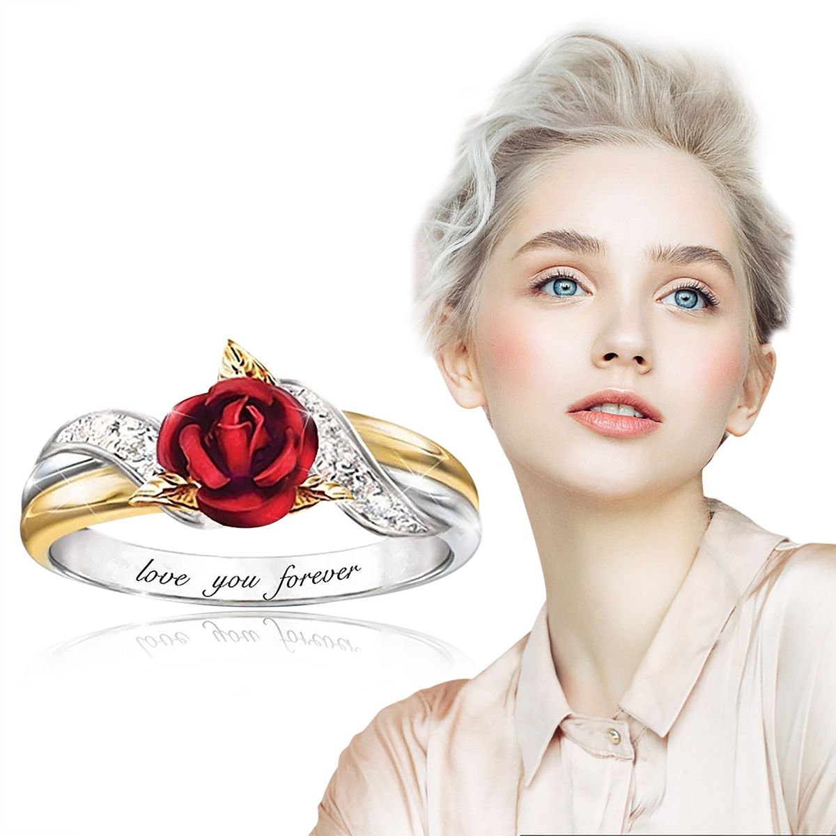 Red Rose Garden Flower Leaves Resizable Gold Finger Rings V
