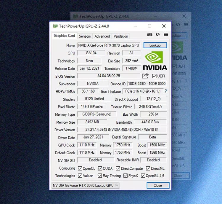 Rtx Rtx3070M With 8GB GDDR6 Memory Support Graphics Card
