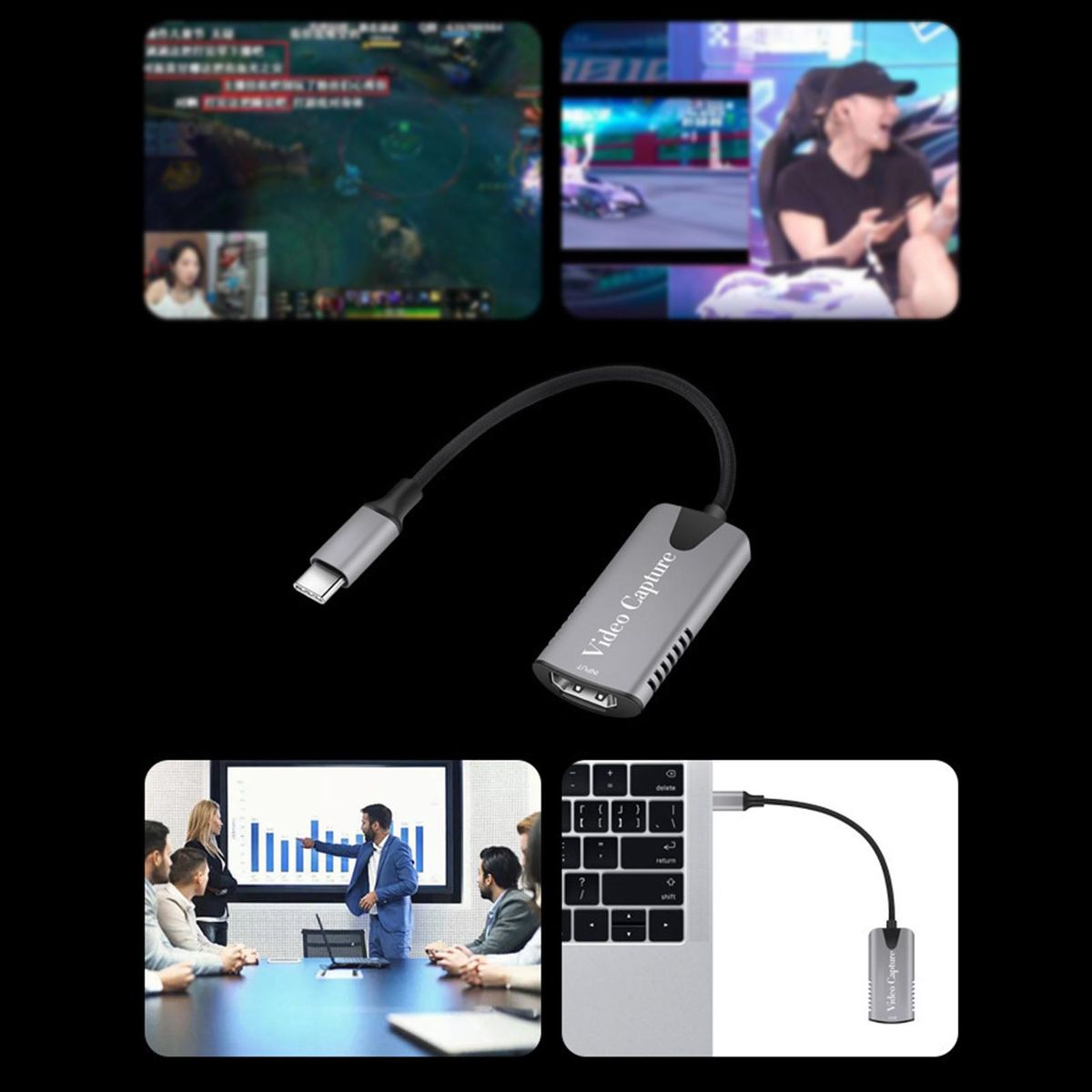 USB Video Adapter Type-C to HDMI-compatible Video Capture Card Grey