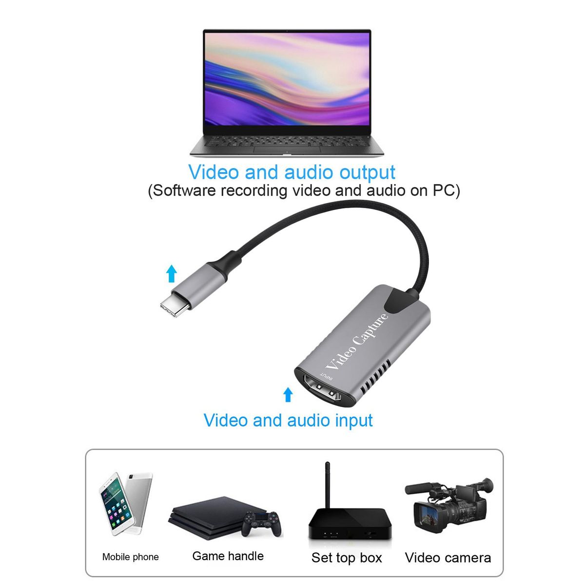 USB Video Adapter Type-C to HDMI-compatible Video Capture Card Grey