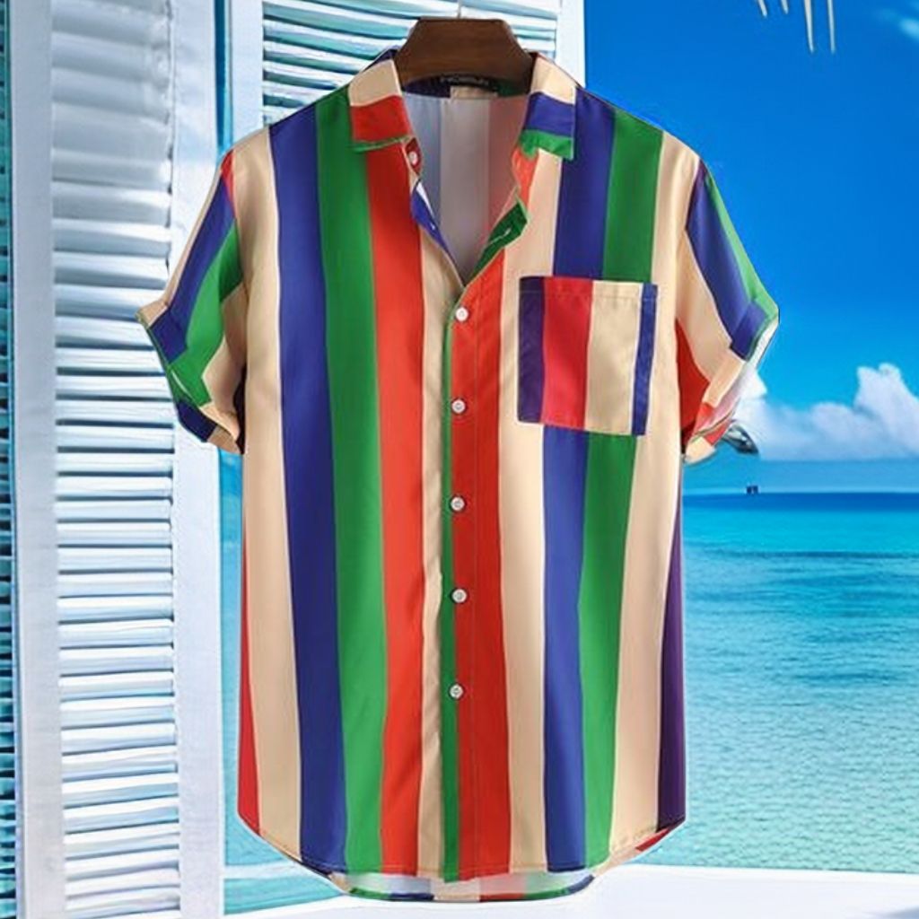 Summer Mens Loose Vintage Short Sleeve Hawaii Beach Shirts  - Rainbow