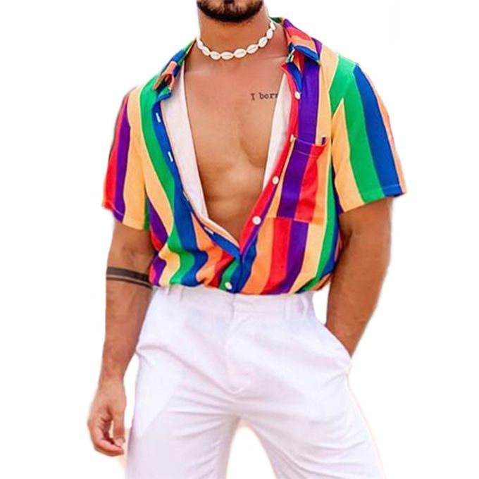 Summer Mens Loose Vintage Short Sleeve Hawaii Beach Shirts  - Rainbow