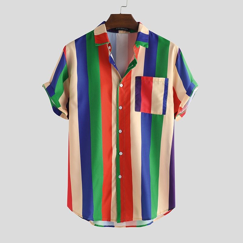 Summer Mens Loose Vintage Short Sleeve Hawaii Beach Shirts  - Rainbow