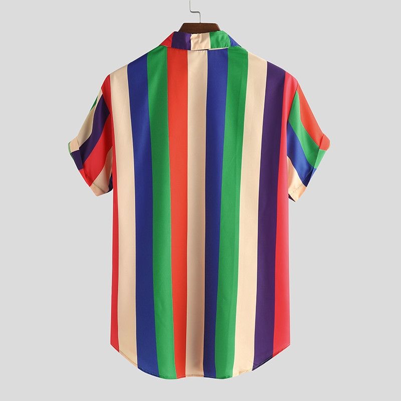 Summer Mens Loose Vintage Short Sleeve Hawaii Beach Shirts  - Rainbow