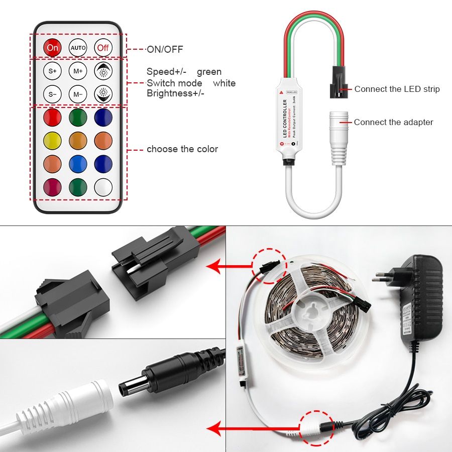 LED Strip Lights RGB Individually Addressable Smart WS2811 SMD Flexible Ribbon RGB LED Light Tape Diode Dream Color DC 12V-5050-NON -18M Full Set-
