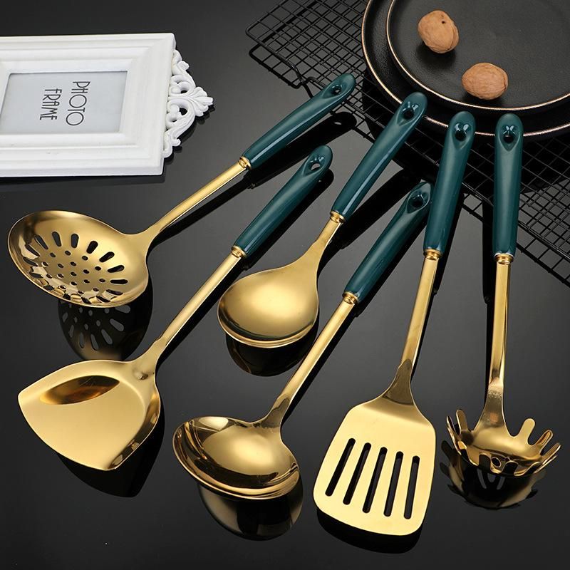 Spot light luxury kitchenware 7-piece set ceramic handle stainless steel kitchenware set spatula colander spoon kitchen supplies Simple white (gift box)
