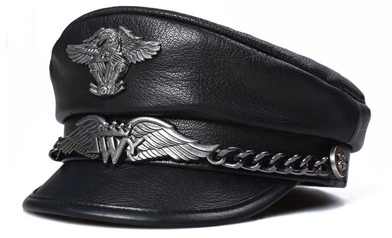 Women Men Real Leather Sailor Cap Black Cotton Ary Hats Female Male Autumn Fashion Hat  Luxury Designer Baker Boy Caps-Black