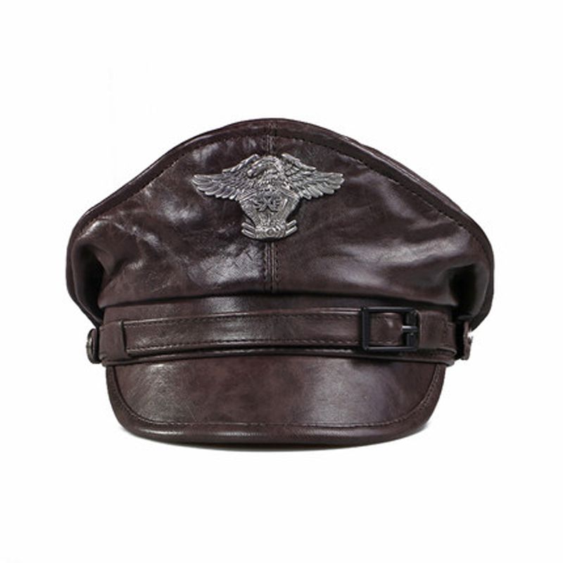 Distressed Retro  Ary Caps For Men Male Genuine Leather Flat Top Hats European American Captain Locomotive Chapeau-dark Coffee