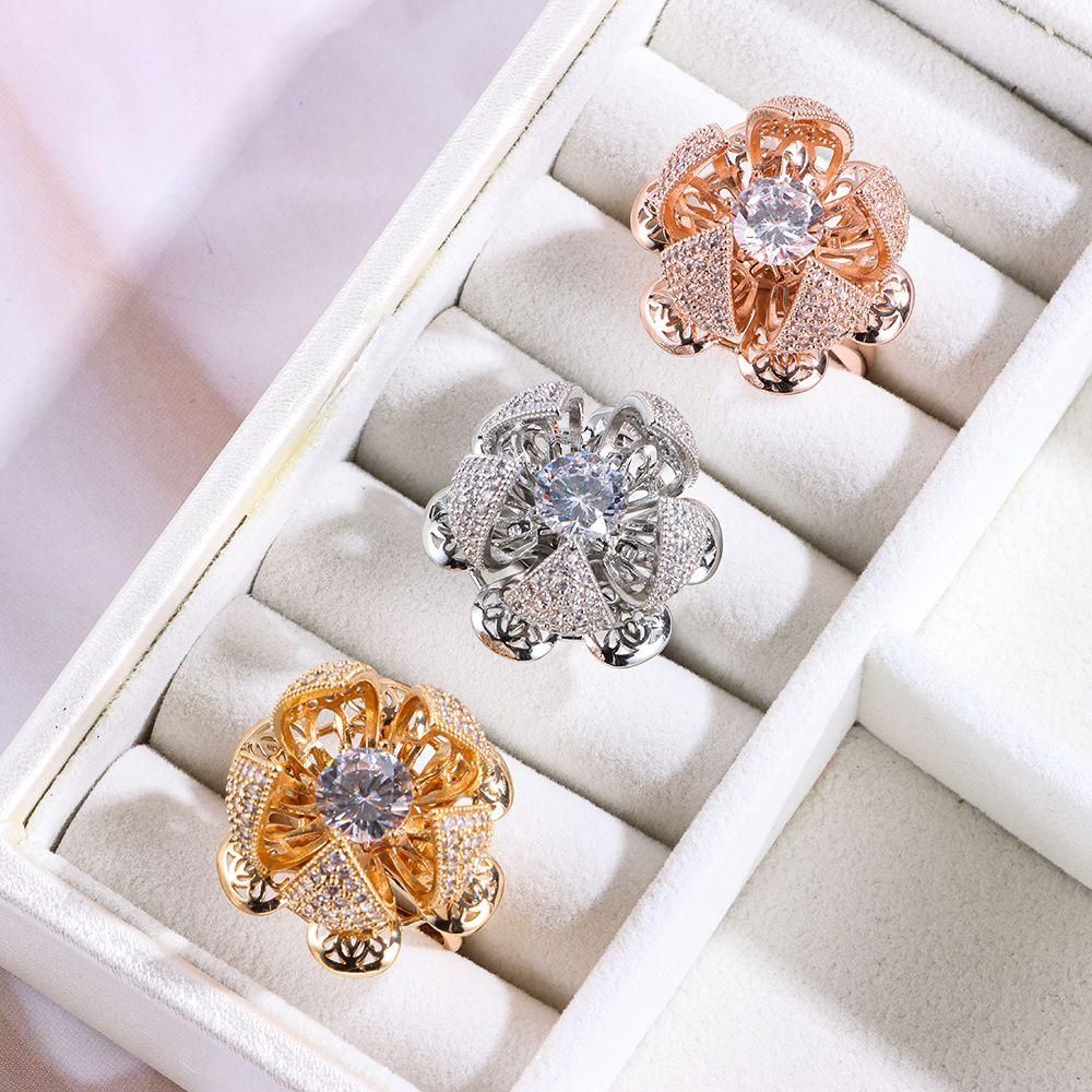 Ring Western style Stainless Steel Garland Ring Zircon Spinning Ring Hollow Open Flower Hollow Open And Close Bud Ring