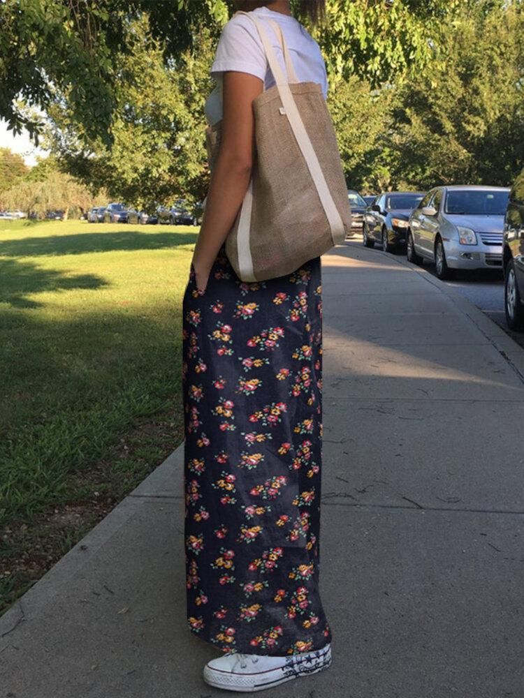 Women Floral Print High Elastic Waist Vintage Wide Leg Pants With Pocket