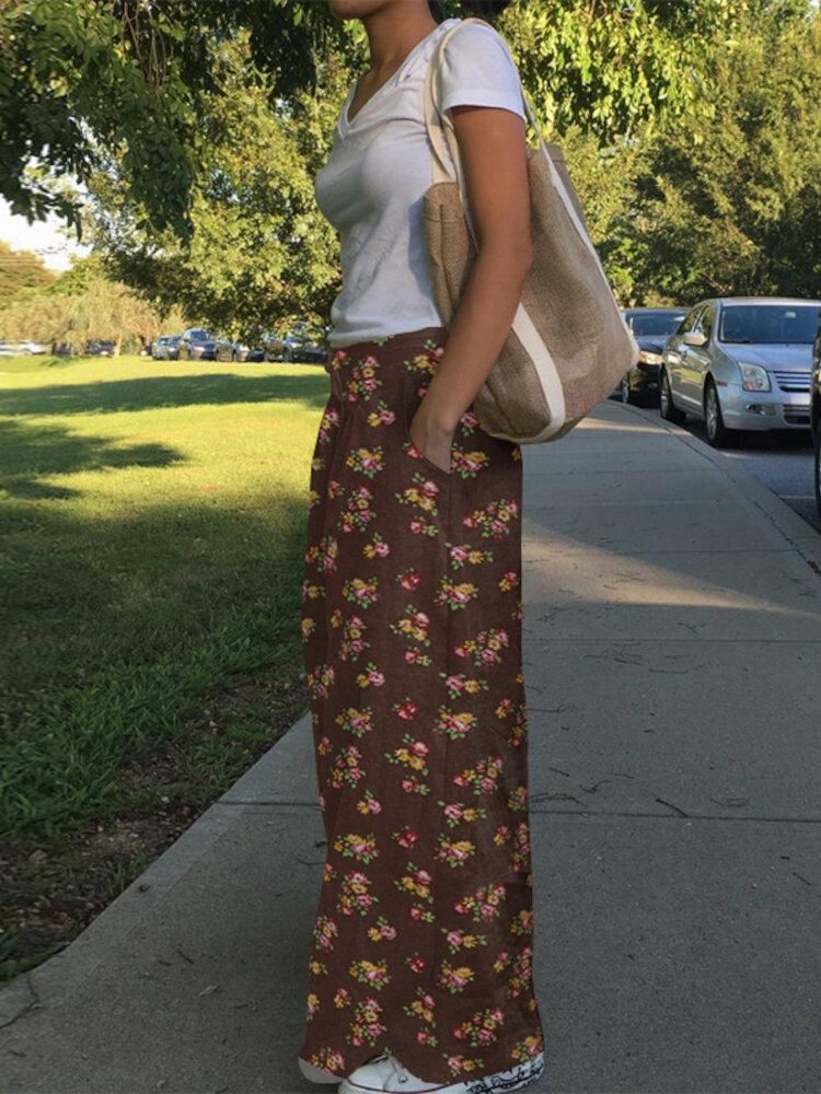 Women Floral Print High Elastic Waist Vintage Wide Leg Pants With Pocket