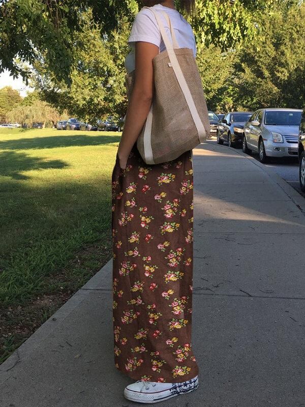 Women Floral Print High Elastic Waist Vintage Wide Leg Pants With Pocket
