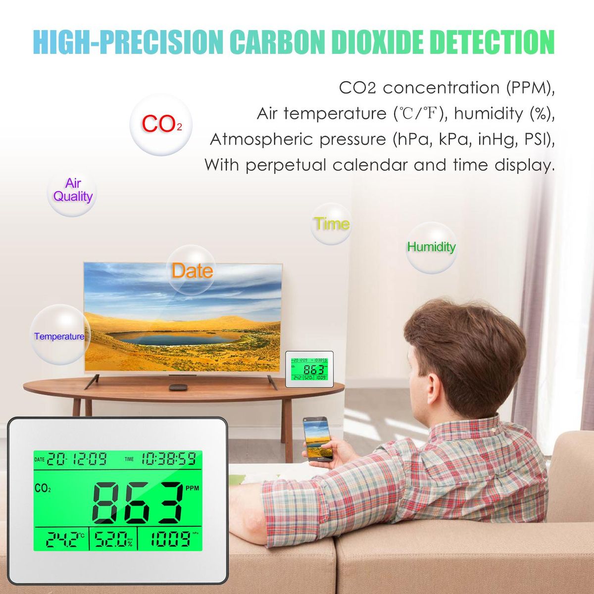 Data Logging Carbon Dioxide Detector Air Quality Monitor Meter with Data Logging Clock Function 5.5-inch Large LCD Wall Mountable CO2 Detector Carbon Dioxide Indicator Multifunctional Tester Measuring CO2 Concentration & Temp