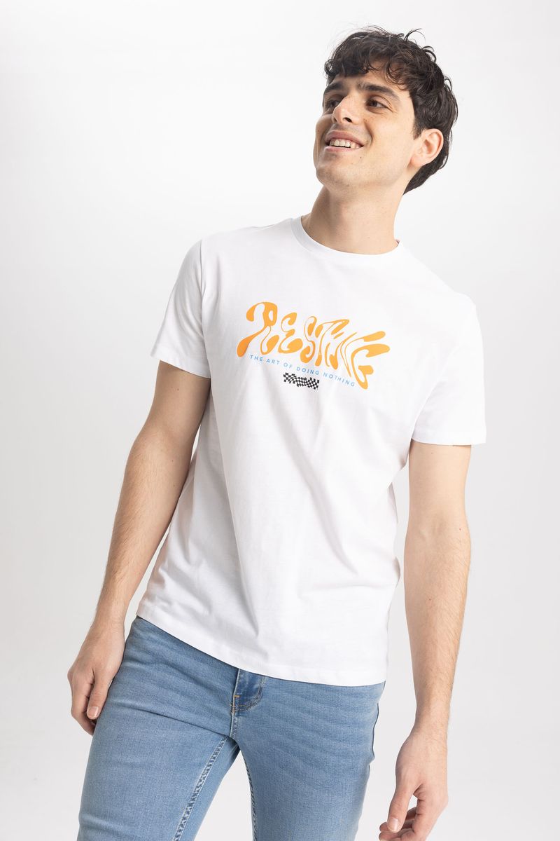 Man Young Slim Fit Short Sleeve Crew Neck Knitted T-Shirt - White
