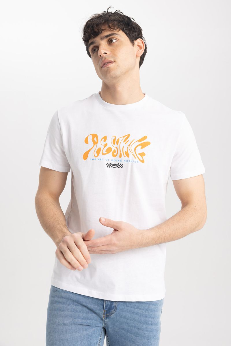 Man Young Slim Fit Short Sleeve Crew Neck Knitted T-Shirt - White