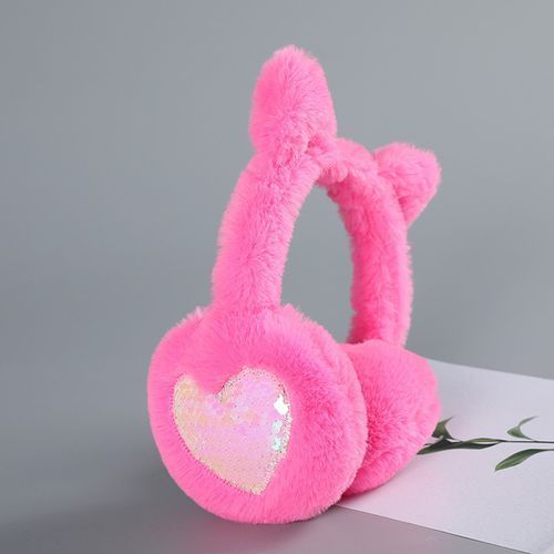 Cute Women Earmuffs Winter Warm Ear Bag Glitter Sequin Earflaps Cat Ear Soft Plush Headphones Solid Color Love Earmuffs Headband(#Rose Red)