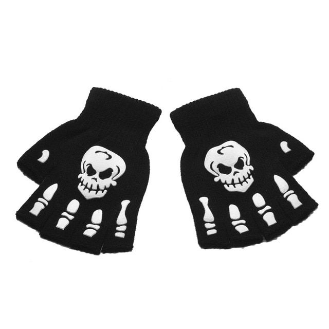 Punk Gloves Unisex Halloween Skeleton Skull Half Finger Gloves Glow In The Dark Fingerless Stretch