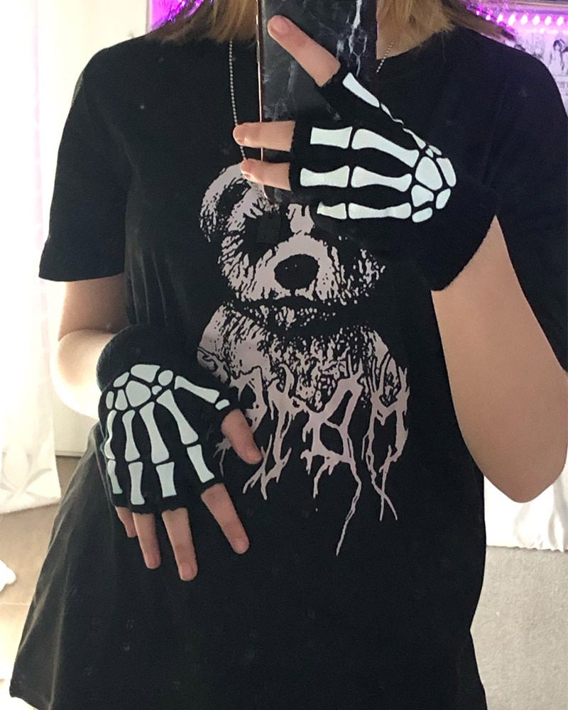 Punk Gloves Unisex Halloween Skeleton Skull Half Finger Gloves Glow In The Dark Fingerless Stretch