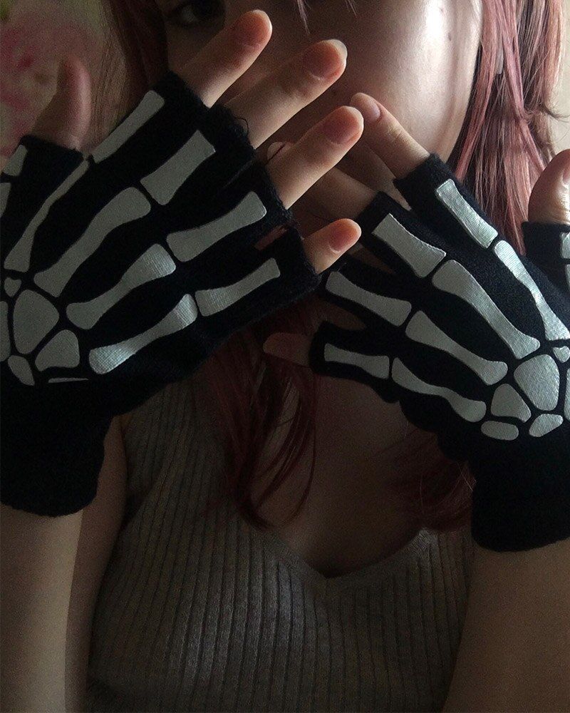 Punk Gloves Unisex Halloween Skeleton Skull Half Finger Gloves Glow In The Dark Fingerless Stretch