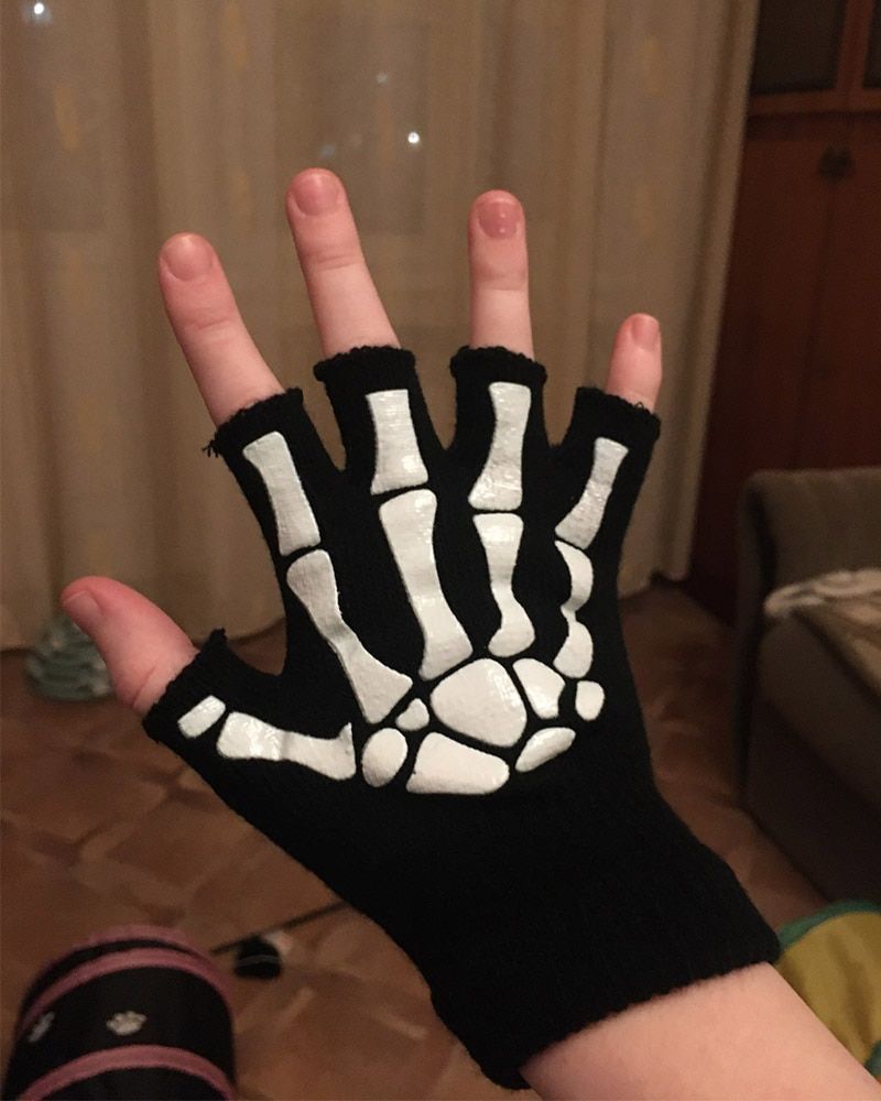 Punk Gloves Unisex Halloween Skeleton Skull Half Finger Gloves Glow In The Dark Fingerless Stretch